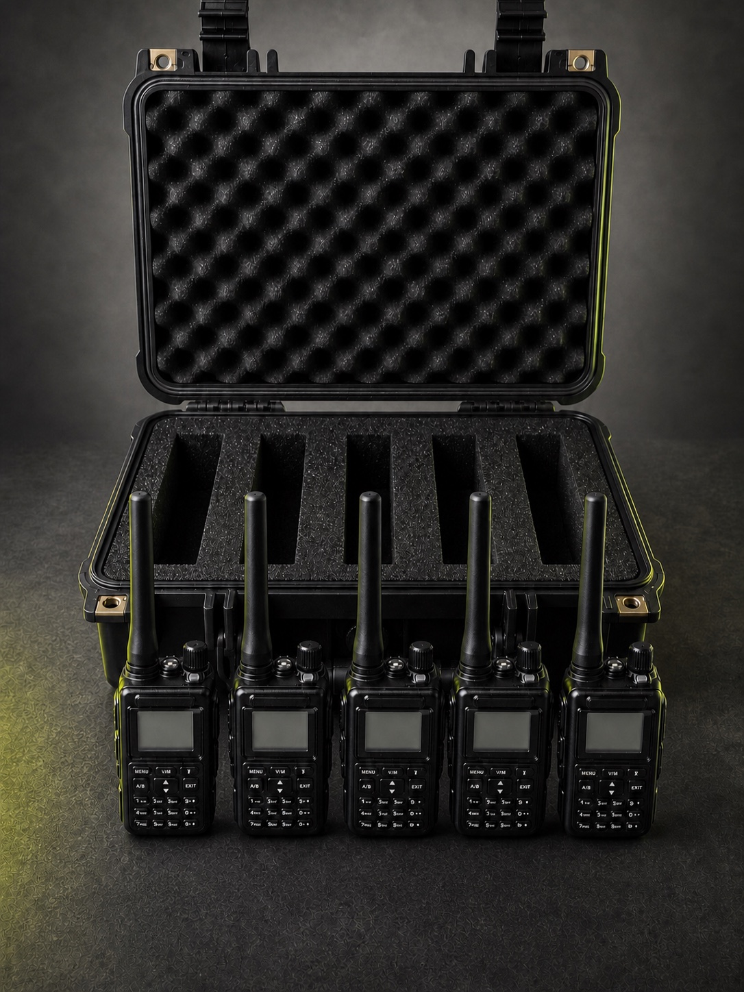 Five next-generation Baofeng Mini-5 radios beside an open five-slot protective hard case