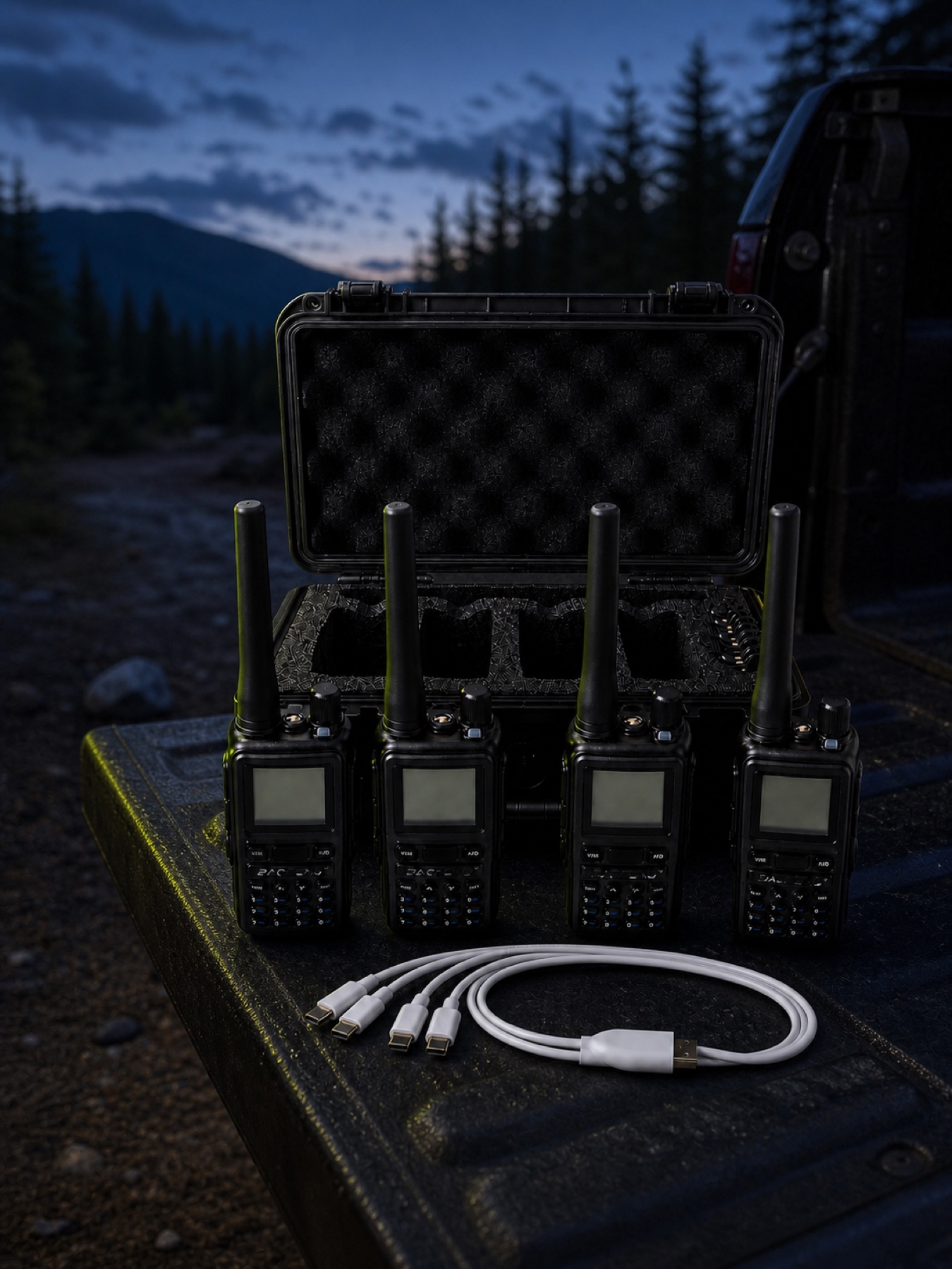 Four handheld radios, an open protective case, and a charging cable arranged on a truck tailgate at dusk